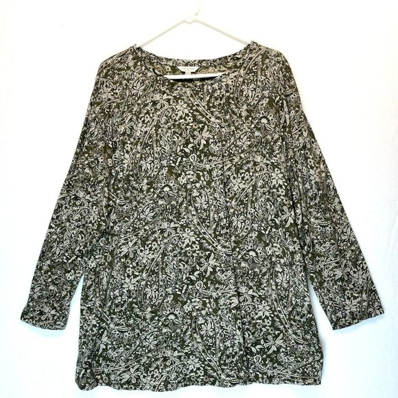 Lucky Brand Top Size 2X Olive Green Floral Print Long Sleeve T-Shirt 3/4 Sleeve - Picture 2 of 6